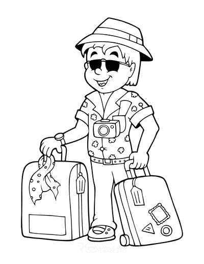 Coloring page man in glasses with suitcases welcomes summer